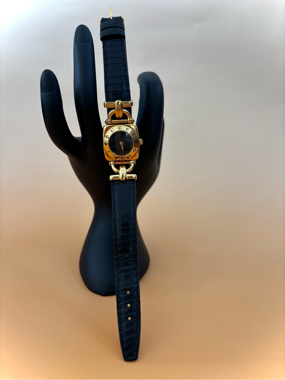 Gucci Gold and Black Ladies Leather Strap Watch